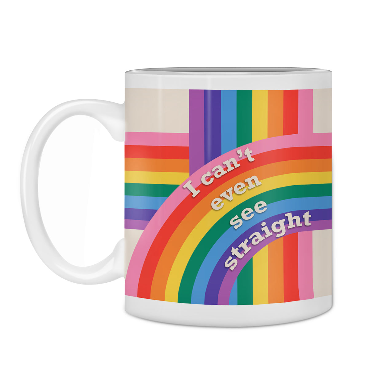 Part of Blue Dog Posters' Homewares Collection, the Hustle & Co Mug – I Can't Even See Straight features a dishwasher-safe white ceramic design adorned with a rainbow pattern of overlapping colorful stripes and the whimsical phrase "I can't even see straight" written across it. It's perfect for brightening up your morning routine with a touch of color.