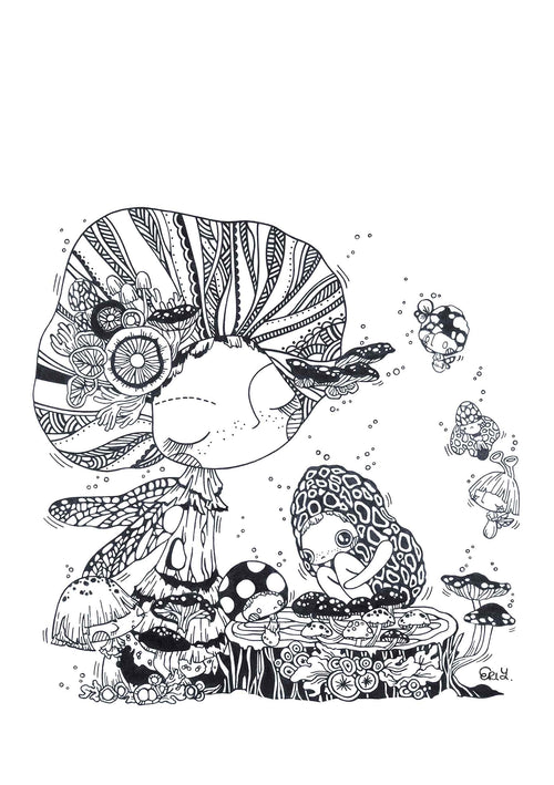 Mystical Moments in the Woods by Eri Yamaguchi from Blue Dog Posters is a black and white whimsical illustration showcasing fairy-like creatures engaging with large, intricate mushrooms. As part of the Little Art series, this scene features detailed patterns and nature motifs, with playful creatures that add charm to any setting. It’s perfect for mini prints or deluxe postcard frames.