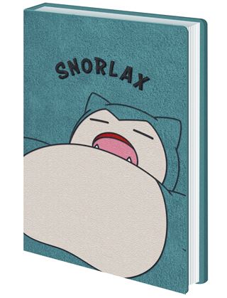 Presenting the Pokemon - Snorlax Plush Notebook by Blue Dog Posters: This teal-colored notebook showcases a charming cartoon image of Snorlax, the beloved Pokémon, happily snoozing with its mouth open. Above the illustration, you'll find "Snorlax" written in bold letters. The notebook features a textured cover and appears thick with visible lined pages on the side—an irresistible blend of comfort and function, just like having a cozy Snorlax plush come to life in stationery form.