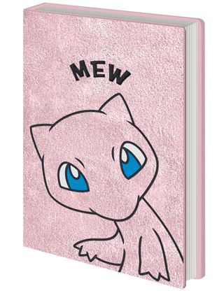 The Blue Dog Posters' "Pokemon - Mew Plush Notebook" is a hardcover notebook that showcases a textured pink cover with an adorable illustration of Mew, the Pokémon character. With its large blue eyes and friendly wave, along with "MEW" printed above in black, stylized text, this charming accessory is perfect for any Pokémon fan.