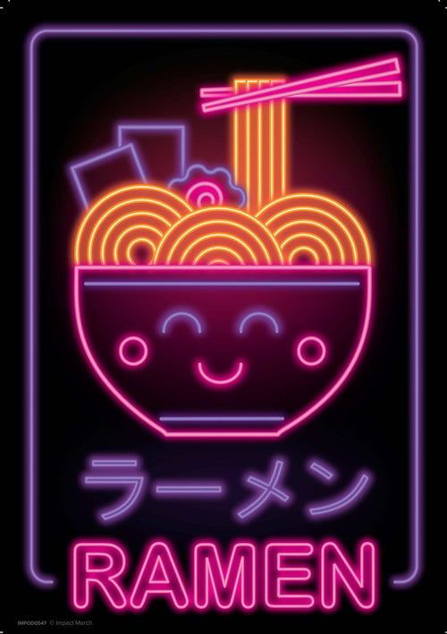 The Neon Ramen A3 poster by Blue Dog Posters features a neon sign illustration of a bowl of ramen with chopsticks, complete with a smiling expression, swirls of noodles, and various toppings. The text "RAMEN" is displayed in both English and Japanese beneath the bowl. Printed on high-quality 250gsm Satin Paper, this vibrant A3 poster showcases bright pink, yellow, and blue colors that stand out against a black background.