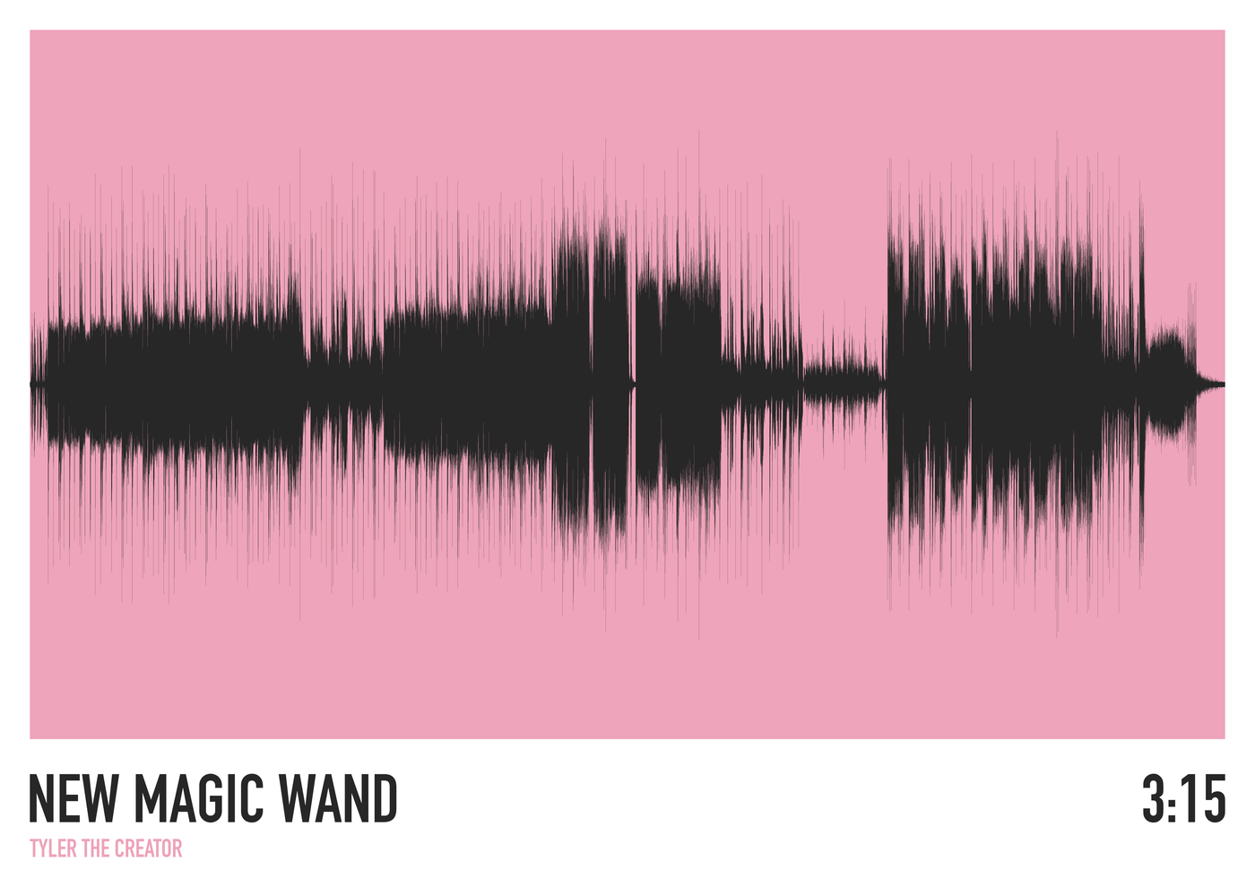 A black soundwave on a pink background represents audio, with “NEW MAGIC WAND” and “TYLER THE CREATOR” at the bottom left, and “3:15” at the bottom right. Product: New Magic Wand (Tyler the Creator) Soundwave by Blue Dog Posters.
