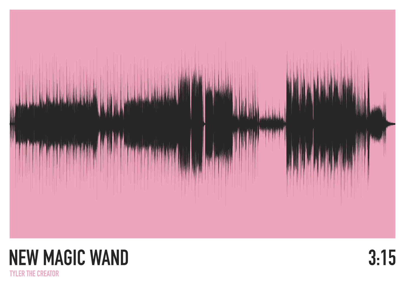 A black soundwave on a pink background represents audio, with “NEW MAGIC WAND” and “TYLER THE CREATOR” at the bottom left, and “3:15” at the bottom right. Product: New Magic Wand (Tyler the Creator) Soundwave by Blue Dog Posters.