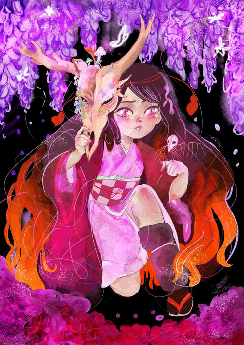 An artwork titled "Nezuko" by MadDog Ink, available from the brand fap, depicts a young girl in traditional attire with flowing red and orange elements. She holds a deer skull mask and a small skeleton figure. Purple wisteria flowers hang above her, with swirling patterns framing the vibrant composition. This stunning piece is available as an Art Print on 250gsm Satin Paper.