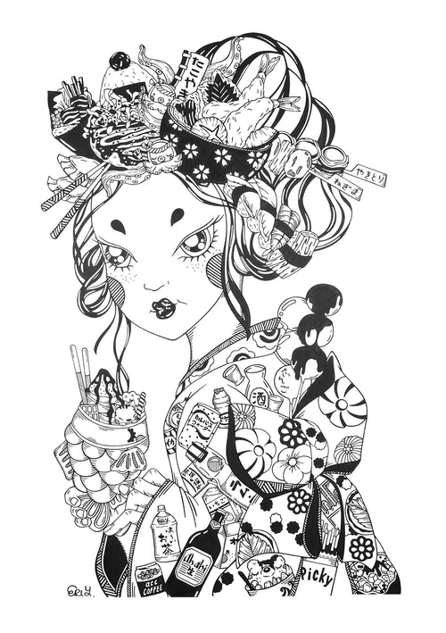 Oishii Otome by Eri Yamaguchi, available from Blue Dog Posters, features a detailed black and white illustration of a woman adorned with elaborate hair accessories and a patterned outfit. She is depicted holding a snack, and her attire is embellished with various items such as bottles and packages. The style masterfully merges traditional and contemporary elements with intricate details, making it an ideal addition to the Little Art series of mini prints.