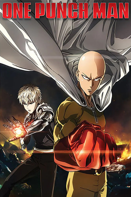 The "One Punch Man Destruction" anime poster from MTV 269 features two iconic characters from the series. In the foreground, there's a bald man wearing a yellow jumpsuit and red gloves, while in the background stands a white-haired figure with cybernetic arms. The title "One Punch Man" is prominently displayed at the top in bold red letters, making it an ideal addition to any Japanese animation fan's Movies & TV Collection.