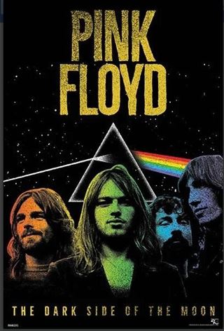 The Pink Floyd - Dark Side of the Moon 50th poster by MUS 362 features a prism splitting light into a rainbow, a starry background, band members in the foreground, and "The Dark Side of the Moon" at the bottom—perfect for music fans.
