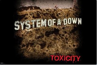 A hillside displays “System of a Down Toxicity” in bold white and red, creating a gritty heavy metal poster by MUS 319—a standout piece for any music collection.