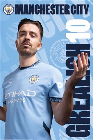 A soccer player wearing a SPO 062 Manchester City jersey, featuring the number 10 with the name "Grealish," poses confidently with arms raised. The background highlights the Manchester City logo in shades of blue and white, perfectly capturing the essence of a premium gloss paper poster from an exclusive sport collection.