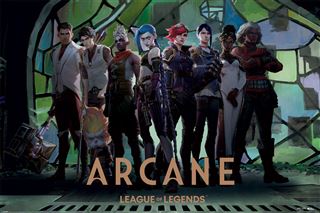 A promotional image for the animated series "Arcane: League of Legends," featuring eight characters standing in a line against a backdrop of a stained glass window reminiscent of an iconic rock poster. The title "Slaughter and the Dogs" and the brand name "MUS" are prominently displayed at the bottom.