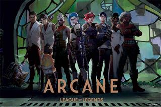A poster for "Arcane League of Legends - Characters" by MTV 020 showcases animated characters in diverse costumes and poses against a stained glass backdrop, with the title prominently at the bottom.