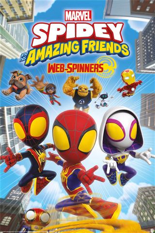 Spidey and His Amazing Friends - Jump by KID 016 features animated superhero characters dynamically posed against a city backdrop. Watch as other heroes and a dog fly through the scene, bringing action to this vibrant addition to the Movies & TV Collection.