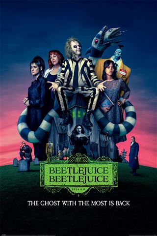 A vibrant movie poster for "Beetlejuice 2" showcases a pale, wild-haired character dressed in a striped suit, surrounded by various people. In the background, there is a giant striped snake and a spooky house. The text reads: "The ghost with the most is back." This product is brought to you by MTV 159.