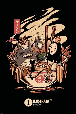 The "Ilustrata - Ramen Pool Party" by ART 056 features a whimsical scene of Studio Ghibli cartoon characters lounging in a large ramen bowl filled with noodles, chopsticks, and toppings against a dark backdrop.