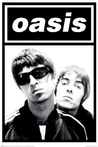 The "Oasis - Gallaghers" black and white rock poster by MUS 286 showcases two men: the front man in sunglasses with a zip-up jacket and another looking over his shoulder. Boldly titled "oasis," it's printed on premium 150gsm gloss paper—a must-have for any music collection.