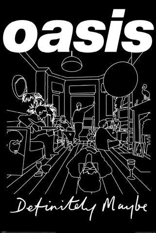 MUS 176's "Oasis - Definitely Maybe" poster features bold white "oasis" lettering, a minimalist band scene in a living room, and "Definitely Maybe" in script—an ideal addition to any music collection.