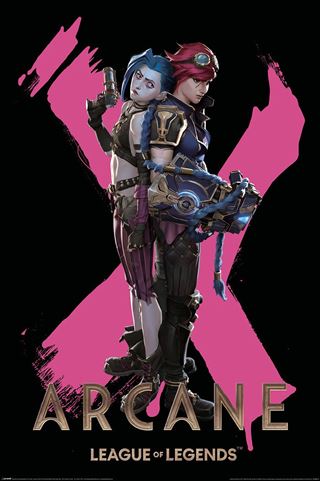 Two animated women, one with blue hair and a gun, the other in pink hair and armor, stand back-to-back before a large pink "X." "Arcane - Duo" by MTV 239 makes a bold poster for Anime Movies & TV fans.