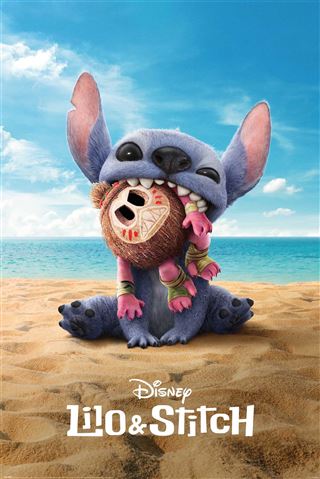A blue alien, Stitch, bites a doll while sitting on a sandy beach with ocean and sky in the background. The "Lilo & Stitch - Beach" poster by KID 045 features the logo at the bottom.
