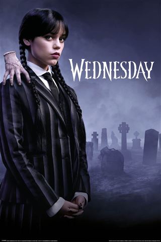A girl with long dark braids in a black striped suit stands in a graveyard at night as a disembodied hand rests on her shoulder. "Wednesday - Key Art Season 2" by MTV 232 is the perfect poster for fans of the show.