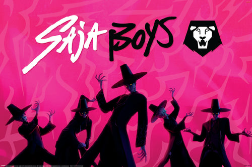 Five figures in black hats and long coats pose on a vivid pink background with "K-Pop Demon Hunters - Saja Boys IDOL" and the MTV 357 logo above, styled like a Korean Netflix poster on premium gloss paper.