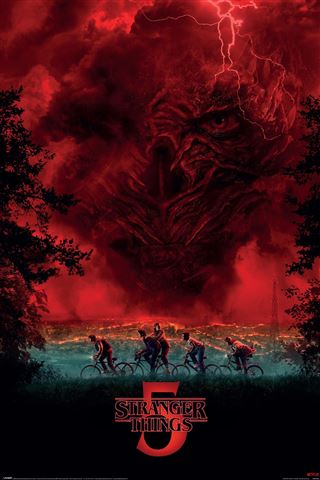Five kids bike beneath a stormy red sky with Vecna’s face looming in the clouds. The “Stranger Things - Vecna Sky Season 5” logo by MTV 238 below sets a dark, eerie vibe—ideal wall art for any fan of this iconic series.