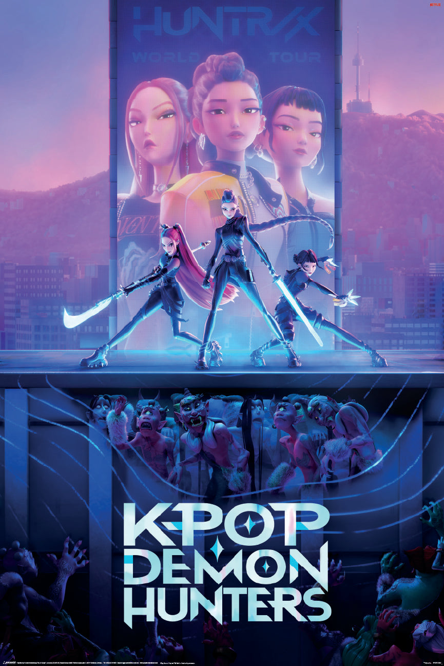 The "K-Pop Demon Hunters - Stage" poster by MTV 117 features three animated girls in black outfits striking bold poses on stage, with their glamorous billboard personas above and lurking monsters below.