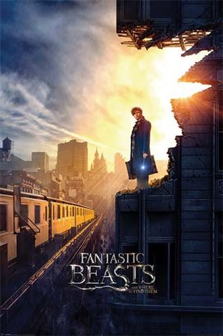 A person with a suitcase stands on the edge of a crumbling rooftop overlooking a city. The bright setting sun casts a golden glow over everything. Text at the bottom reads "Fantastic Beasts - Dusk" by MTV 288. A train travels below, capturing the essence of this captivating movie poster.