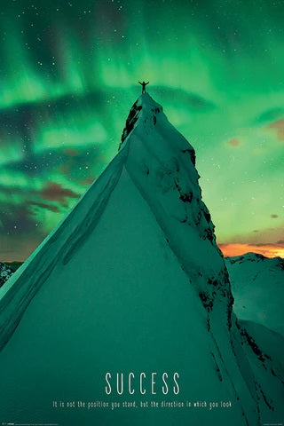 A person stands triumphantly on a snowy mountain peak beneath dazzling green and yellow auroras. At the bottom, text reads, "SUCCESS: It is not the position you stand, but the direction in which you look." This captivating image makes the perfect motivational poster printed on premium gloss paper from ALT 009's Success - Mountain collection.