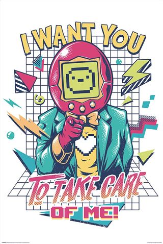 Introducing the Ilustrata - Samagotchi by MEZ: A vibrant, retro-style urban art poster showcasing a character wearing a helmet with a pixelated smiley face. The character points forward, accompanied by bold, stylized text that declares, "I WANT YOU TO TAKE CARE OF ME!" against an array of abstract shapes. Printed on premium 150gsm gloss paper for a stunning finish.
