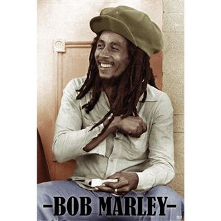 A smiling man with long dreadlocks and a green hat sits casually against a wall. "BOB MARLEY - Rolling Papers" by MUS 343 is written in bold letters at the bottom of the image.