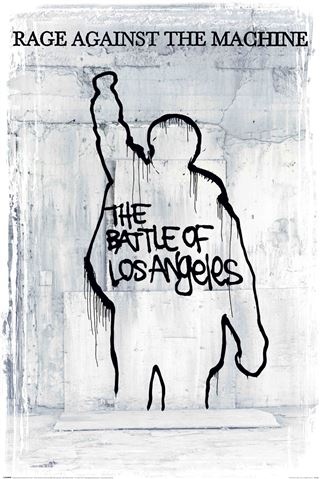 Album cover of "RATM - Battle for Los Angeles" by MUS 005. It features graffiti-style art with a black silhouette of a person raising a fist, and the album title written inside the silhouette. The background is textured with gray and white hues, reminiscent of a vintage rock poster.