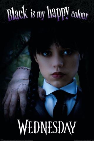 A girl with pale skin and dark braided hair stands in the shadows, sporting a somber expression. She is dressed in a black outfit with a white collar, and a stitched hand rests on her shoulder. Above her, the text reads "Black is my happy colour," while below it says "Wednesday." Available as a large regular TV show poster on premium 150gsm gloss paper.
Product Name: Wednesday - Happy Colour
Brand Name: MTV 371