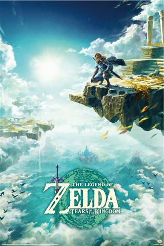 Illustrated cover art for GAM 037's "The Legend Of Zelda - Tears of the Kingdom." It shows the protagonist, Link, standing on the edge of a floating stone platform high above the clouds with a bright sun in the sky and parts of floating islands visible in the background, making it a perfect addition to any gaming collection.