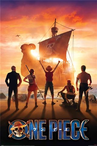 The One Piece Live Action - Set Sail poster from MTV 174 features five characters standing on the shore, facing a large pirate ship with a skull and crossbones emblem on its sail, set against an orange sunset sky. The text “One Piece” is displayed at the bottom with a skull and crossbones logo, printed on Premium 150gsm gloss paper.