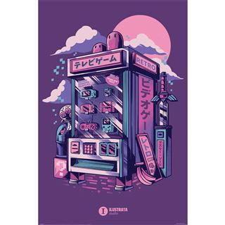 Description: Enhance your space with the "Retro Vending Machine - Ilustrata," an urban art poster by ART 047. This retro-style illustration showcases a vibrant video game arcade machine in pink and purple hues set against a starry backdrop. The design is enriched with Japanese characters, game controls, a crescent moon, and clouds, blending nostalgia with futuristic vibes. Printed on premium 150gsm gloss paper for a stunning finish.