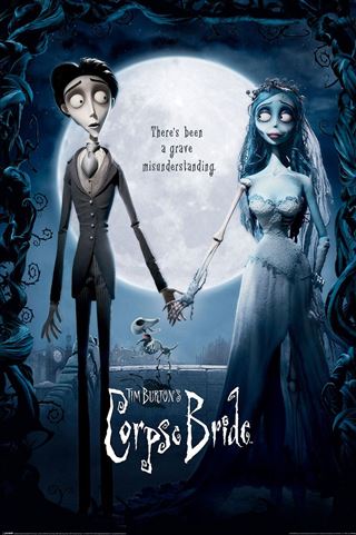 The "Corpse Bride - Wedding Couple" poster by MTV 313 features a slender man in a suit and a blue-haired bride in tattered gown holding hands against a full moon, surrounded by dark foliage, with the text "There's been a grave misunderstanding.