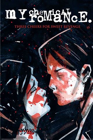 This MUS 064 features an abstract, stylized painting of two people smeared with red paint, facing each other with closed eyes. Under the text "My Chemical Romance" and "Three Cheers for Sweet Revenge" in bold letters, the premium gloss paper enhances the dark, emotional atmosphere.