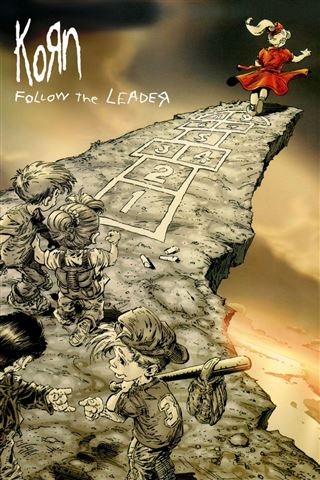 Album cover of Korn's "Follow the Leader," depicting children playing hopscotch. One girl is about to jump off a broken, floating piece of the ground while other kids watch and one boy walks away with a bindle. The background is a dark, cloudy sky, making MUS 336's Korn - Follow The Leader a striking addition to any rock poster music collection.