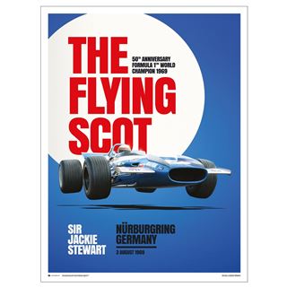 From Blue Dog Posters' Decor Series, this vintage-style piece, titled "Sir Jackie Stewart The Flying Scot 1969," showcases a classic F1 car driven by Sir Jackie Stewart. Printed on Matte Art Paper, it commemorates his championship's 50th anniversary with the text "The Flying Scot" and highlights the race at Nürburgring, Germany on 3 August 1969.