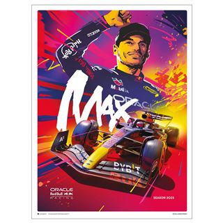 A vibrant poster from the Blue Dog Posters Decor Series Collection features a triumphant race car driver in the background raising his fist, with the name "Max Verstappen 2023" prominently displayed. In the foreground, a sleek, colorful Formula 1 car speeds forward, with dynamic lines and colors emphasizing motion and excitement.