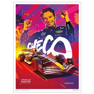 A vibrant and dynamic illustrated poster from Blue Dog Posters' Sergio Perez - 2023 collection, featuring a Formula 1 car with the triumphant driver above. The word "Checo" is prominently displayed in stylish lettering, embodying the excitement of racing against a backdrop of lively designs.