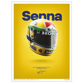 The Ayrton Senna - Helmet San Marino GP 1988 premium art print from Blue Dog Posters features a racing helmet in vivid yellow and green, with iconic brands such as Marlboro, Honda, and Boss prominently displayed. "Senna" is boldly inscribed above. Part of the Decor Series Collection, it is printed on 200gsm Matte Art Paper with a signature against a yellow backdrop.