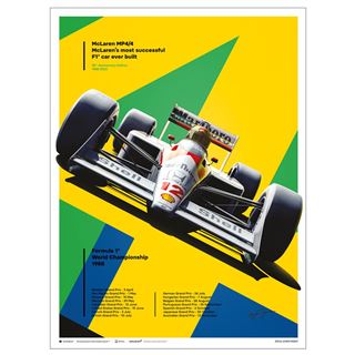 Blue Dog Posters presents the "Ayrton Senna San Marino GP 1988" from their Decor Series Collection, featuring bold geometric shapes in green, yellow, and blue. This car racing-themed art print celebrates its success in the 1988 World Championship on premium quality Matte Art Paper. The elevated angle offers a striking view of sponsor logos, capturing the essence of this iconic F1 moment.