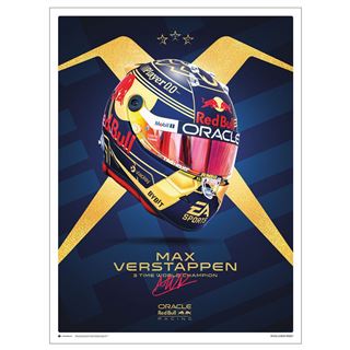 A graphic featuring a racing helmet with Red Bull, Oracle, Mobil 1, EA Sports, Jumbo, and CarNext logos against a blue and yellow background. Below, text reads "Max Verstappen 3-time World Champion" with logos of Oracle Red Bull Racing and Mobil 1 at the bottom as part of the Blue Dog Posters Decor Series Collection for the Max Verstappen Helmet World Champion 2023.