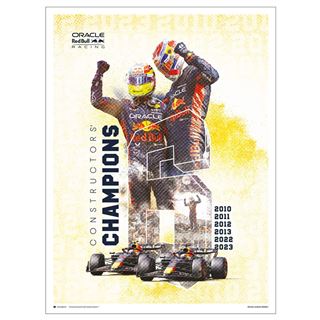 Two race car drivers in Red Bull racing suits celebrate beside a sleek race car. The text reads "Constructors' Champions" with years: 2010, 2011, 2012, 2013, 2022, 2023. This artwork is from the Car Racing Themed Art in Blue Dog Posters' Decor Series Collection and is titled "Oracle Red Bull Racing F1 Champions 2023," printed on matte art paper.