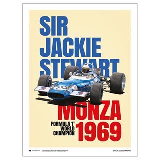 The Sir Jackie Stewart Monza Victory 1969 poster by Blue Dog Posters showcases a dynamic racing car and driver printed on premium quality Matte Art Paper. It features the text "SIR JACKIE STEWART" in large blue letters at the top, "MONZA" in red letters below, and "FORMULA 1 WORLD CHAMPION 1969" in black letters underneath. The car is depicted in motion with a striking blue and white color scheme.