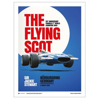A vintage-style poster from Blue Dog Posters' Decor Series Collection showcases a blue and white racing car with the text "The Flying Scot." In honor of the 50th anniversary of Sir Jackie Stewart's 1969 win at Nürburgring, this art print is crafted on premium quality 200gsm Matte Art Paper.