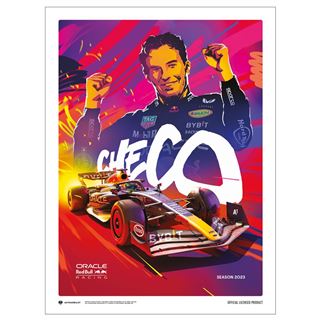 The Sergio Perez - 2023 art print from Blue Dog Posters showcases a vibrant illustration featuring a race car in dynamic motion, with a driver in the background, celebrating the 2023 racing season and Oracle Red Bull Racing. This Car Racing Themed Art Print features colorful design and "CHECO" text on premium quality Matte Art Paper.