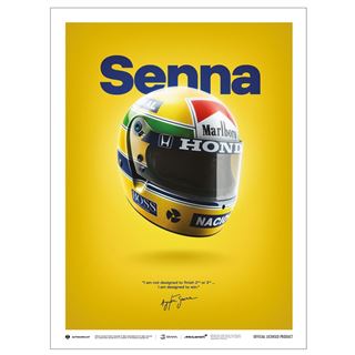 A vibrant yellow poster depicting a racing helmet adorned with a colorful pattern of green, yellow, and blue stripes. "Senna" is prominently displayed in large blue letters above the helmet. Below it, an autograph and quote are showcased. This premium quality art print called "Ayrton Senna - Helmet San Marino GP 1988" is part of the Decor Series Art Prints collection by Blue Dog Posters.