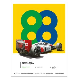 As part of the Decor Series Collection, the "Ayrton Senna – San Marino GP 1988" poster from Blue Dog Posters showcases a Formula 1 car with number 12 set against a striking "88" backdrop. Printed on Matte Art Paper, it honors the 1988 World Championship and emphasizes the car’s branding and team details—making it an ideal art print for car racing enthusiasts.